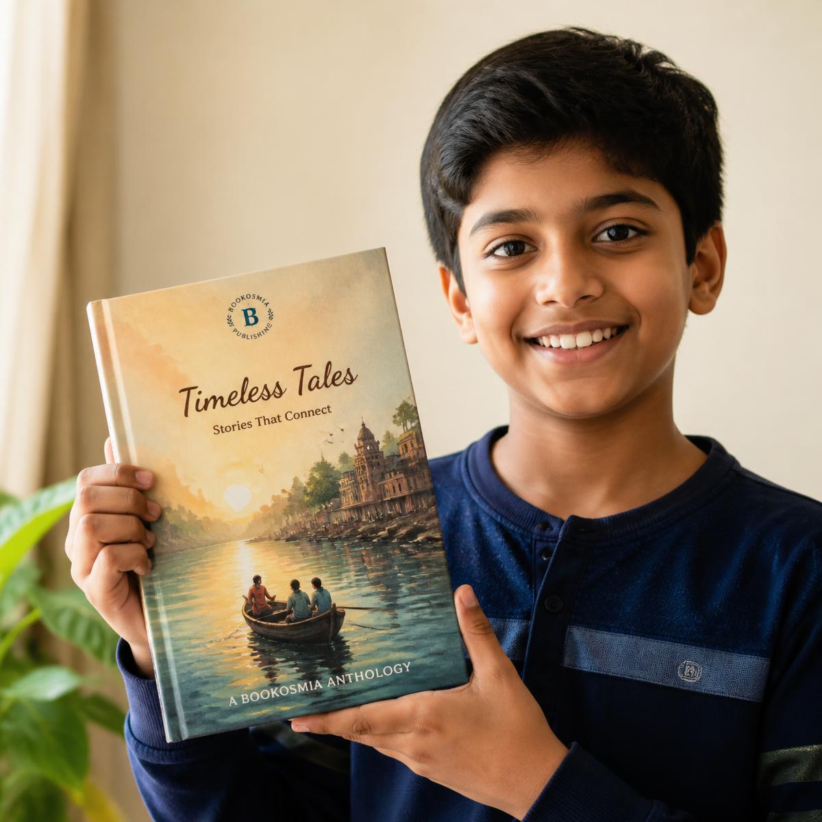 A young Indian author proudly holding the printed anthology