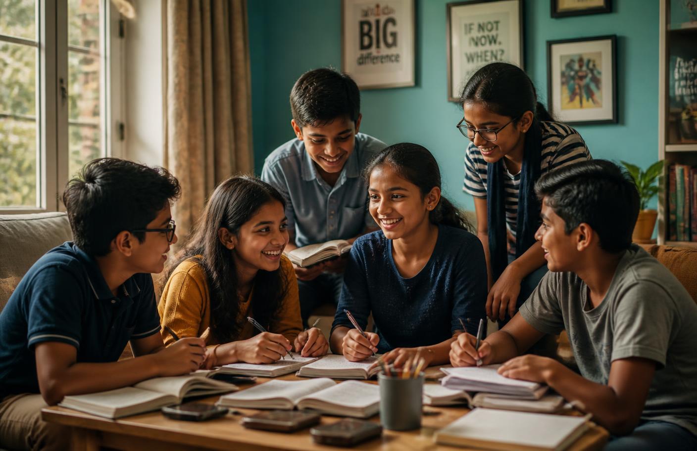 A small group of Indian children aged 8 to 14 reading, writing and sharing ideas together