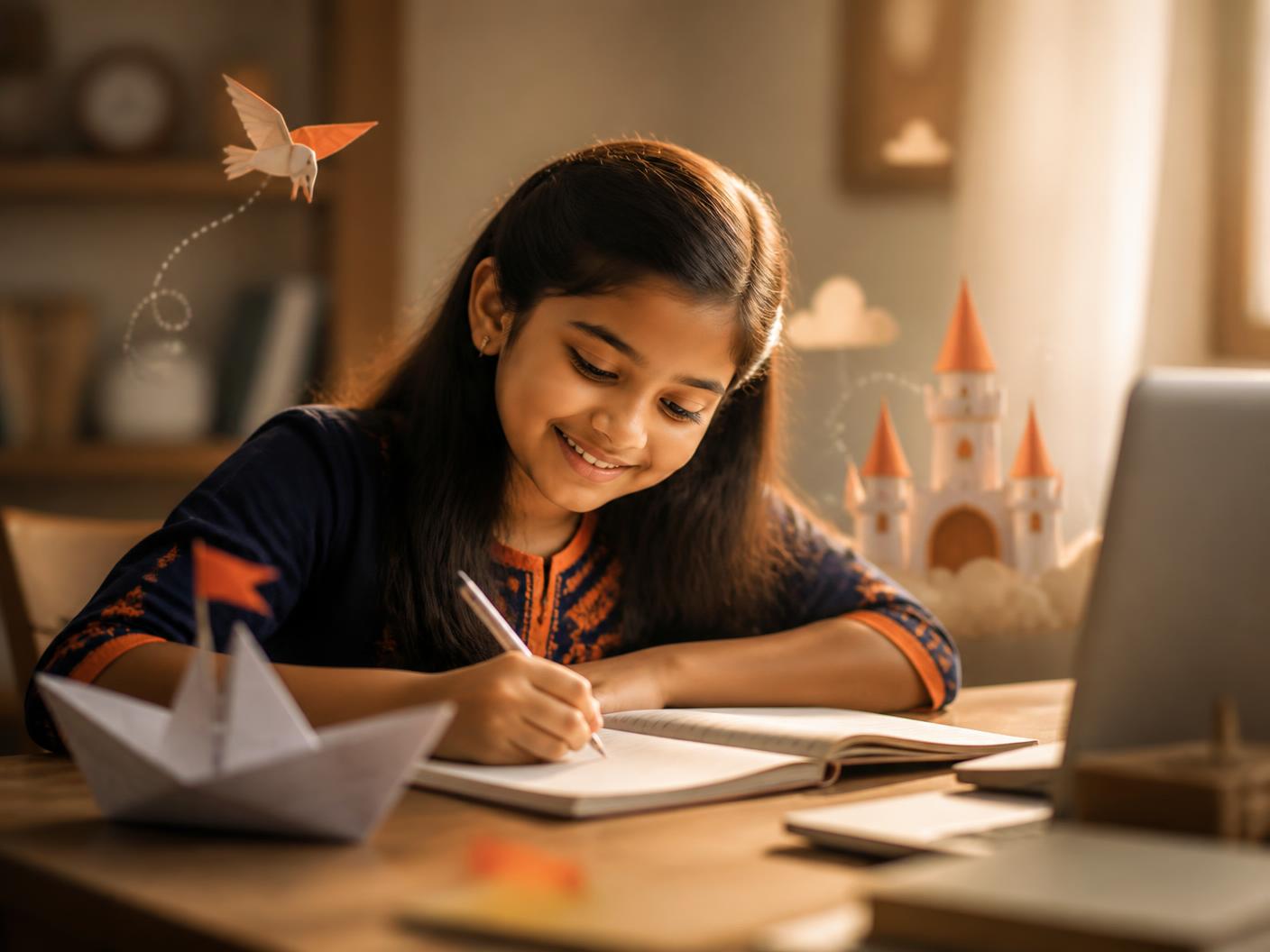 An Indian girl writing her story in a notebook while imagined story worlds appear around her
